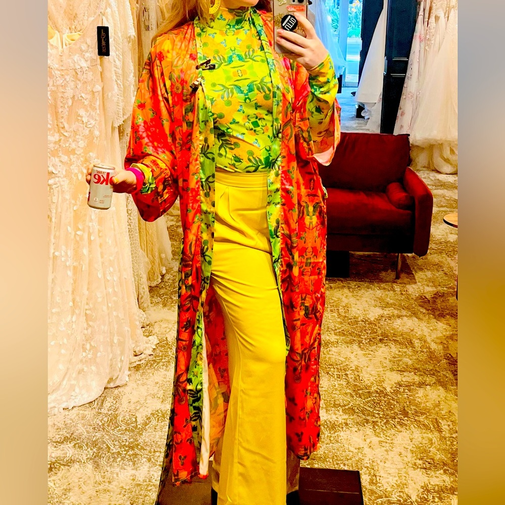 floral pattern mixed kimono with tie